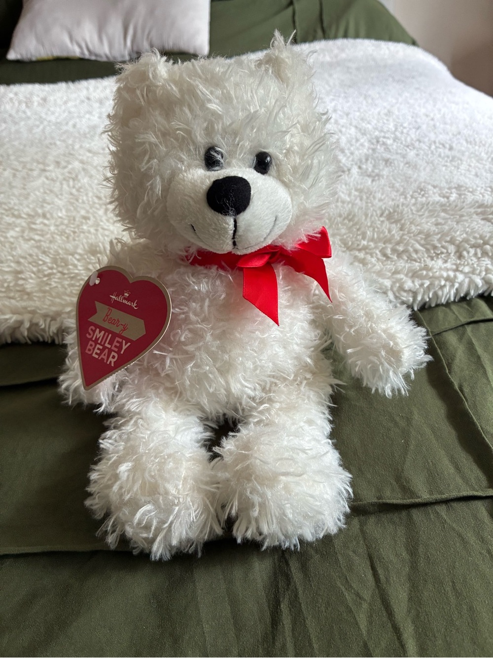 Hallmark White Smiley Bear with Red Ribbon